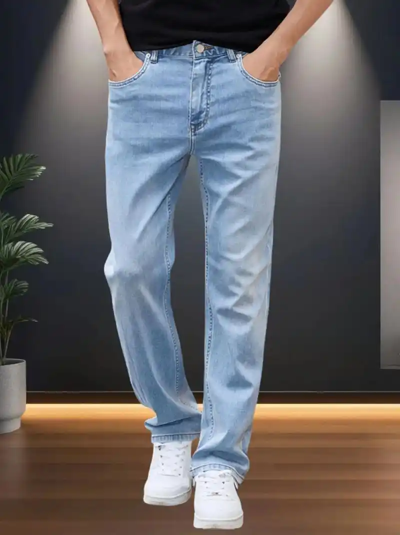 大牛传说春夏薄款休闲浅蓝色牛仔裤男士宽松直筒大码弹力高腰长裤