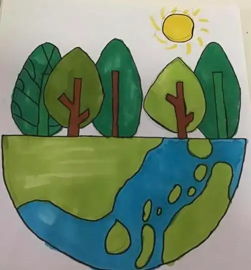 师范大学五年级学生们为了纪念世界地球日而创作的环保主题绘画作品