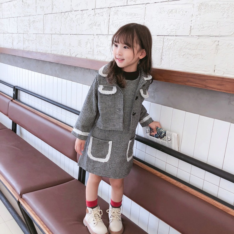女童秋装外套 连衣裙儿童洋气格子两件套1-4女宝宝小香风套装