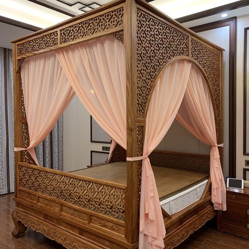 古典架子床床幔 中式明清古典单双月洞拔步架子床仿血牙色柔肤纱装饰