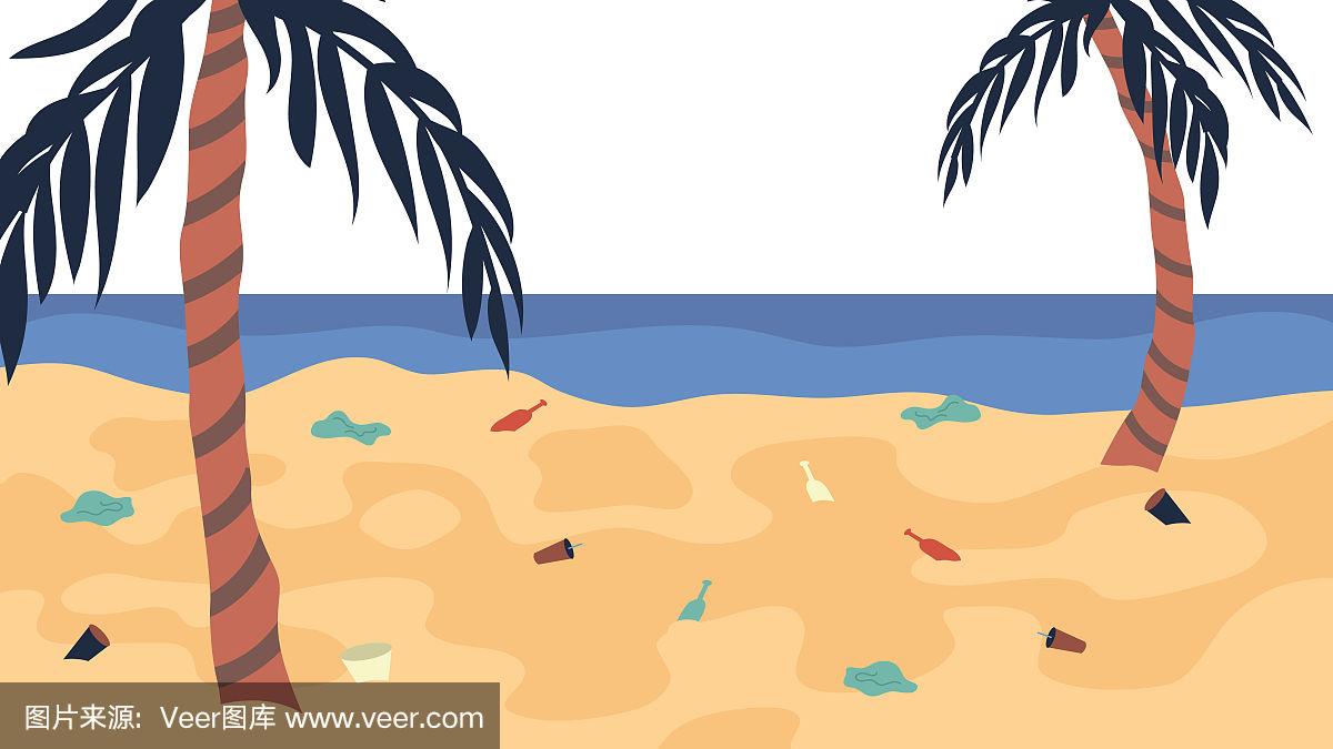 海洋污染的概念,沙滩上的垃圾.