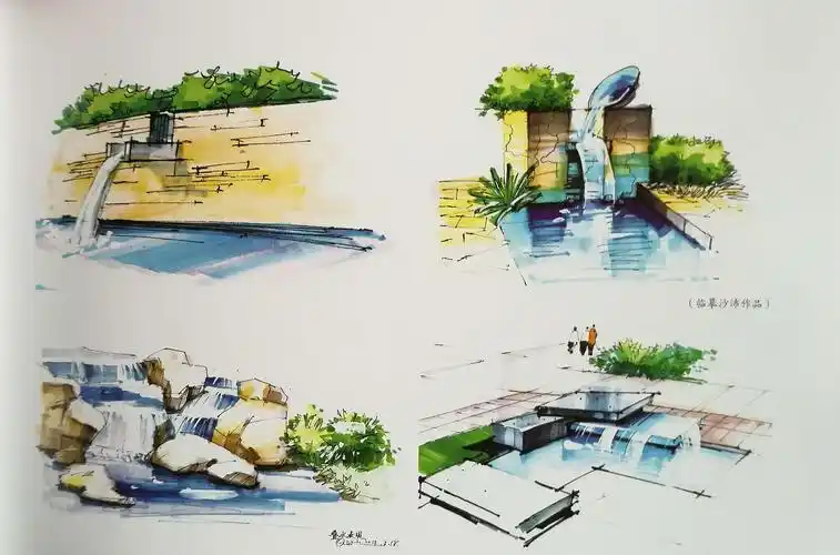 园林景观小品线稿及手绘效果图