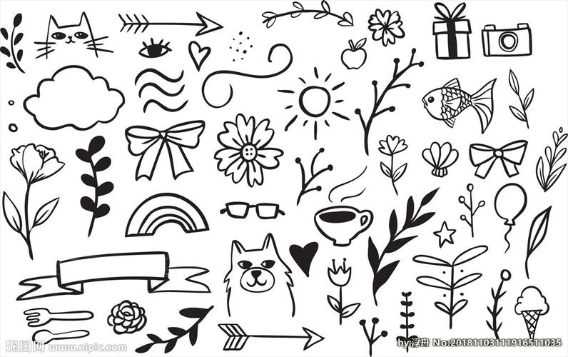 黑白矢量可爱卡通曲线简笔画