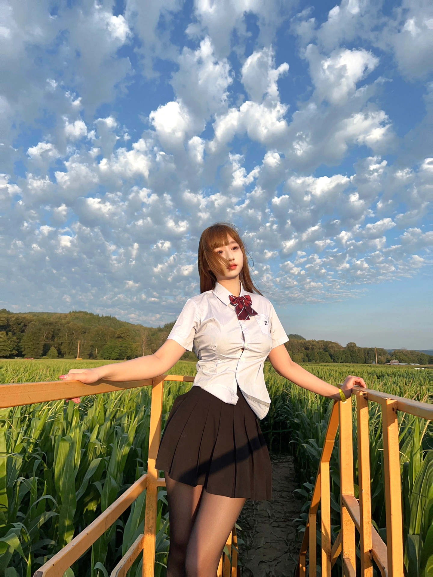 看她那身学生装,乖巧又带着一丝俏皮,黑白条纹衬衫和棕色裙子,像是