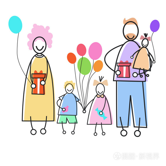 幸福的家庭父母拿着气球提出了假日概念的三个孩子
