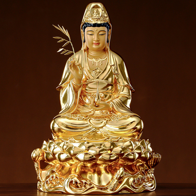 台湾贴金观音佛居家供奉家用开光纯铜观音菩萨神像客厅供佛摆件