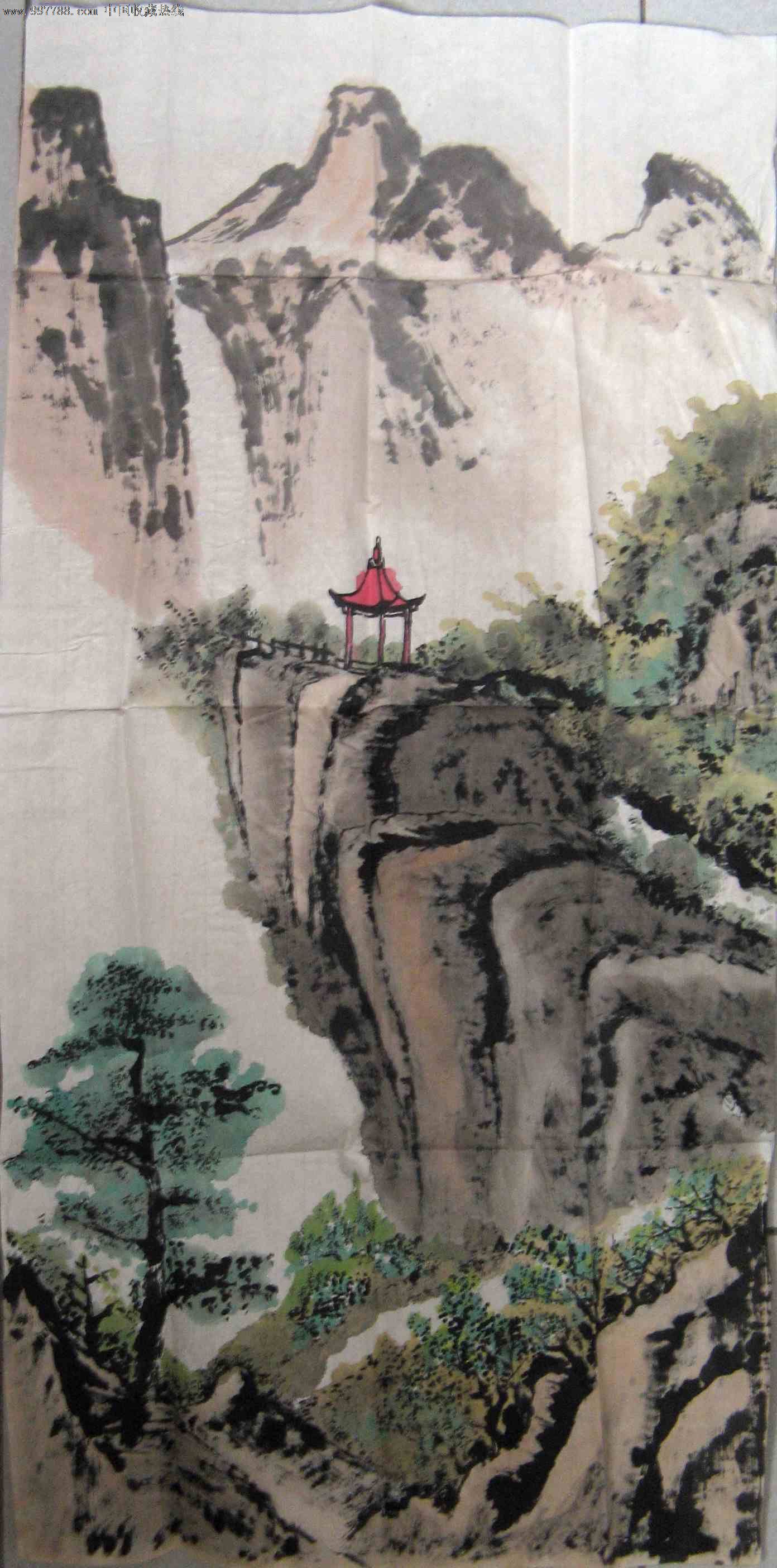 漂亮气派的三尺条幅无款山水画:山顶小亭