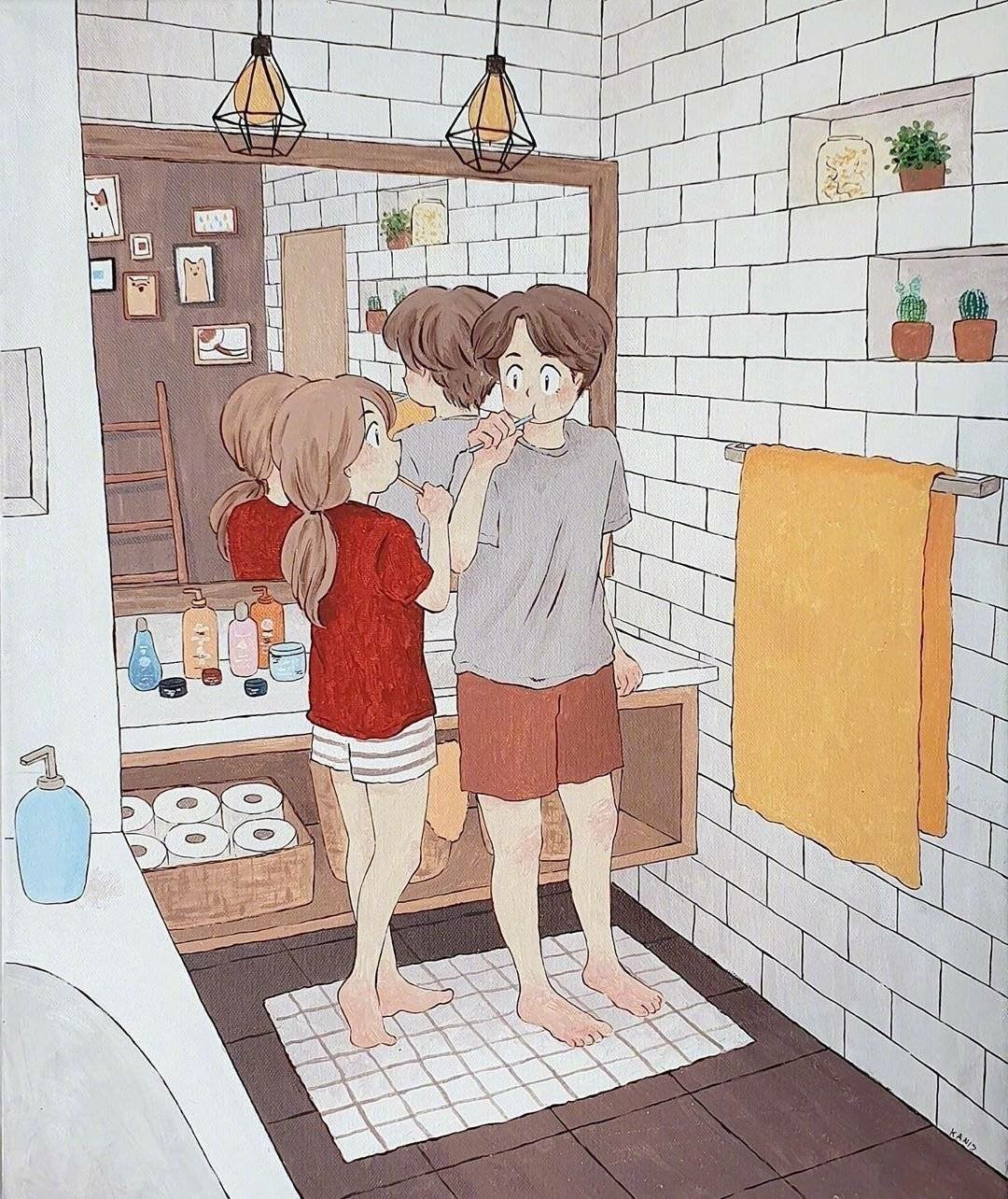 情侣# #插画# 泰国插画师kanis用画笔描绘出情侣间的甜美小日常,陈