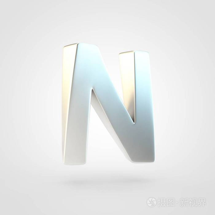 银色字母 n 大写.3d 渲染白色背景下的缠结银色字体