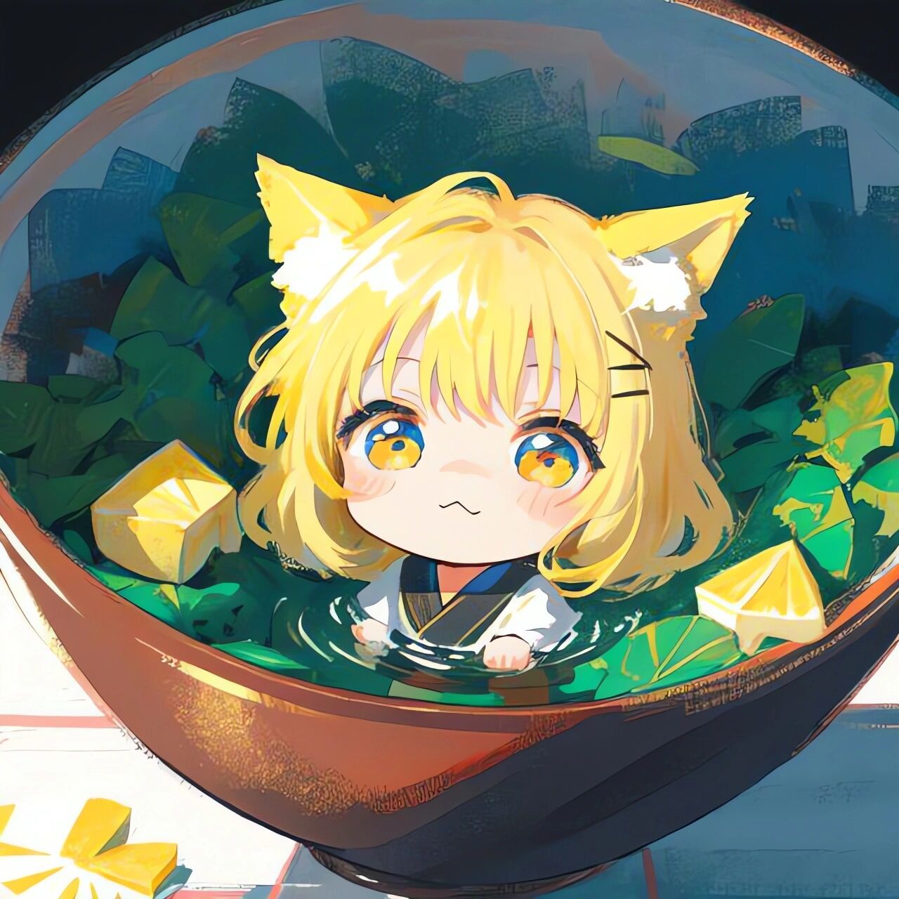 在碗里的q版可爱猫耳女孩头像06|粉彩画 78可自行拿图自用 78