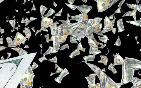 钱在天上飞.100张美国钞票新样品.三维插图照片