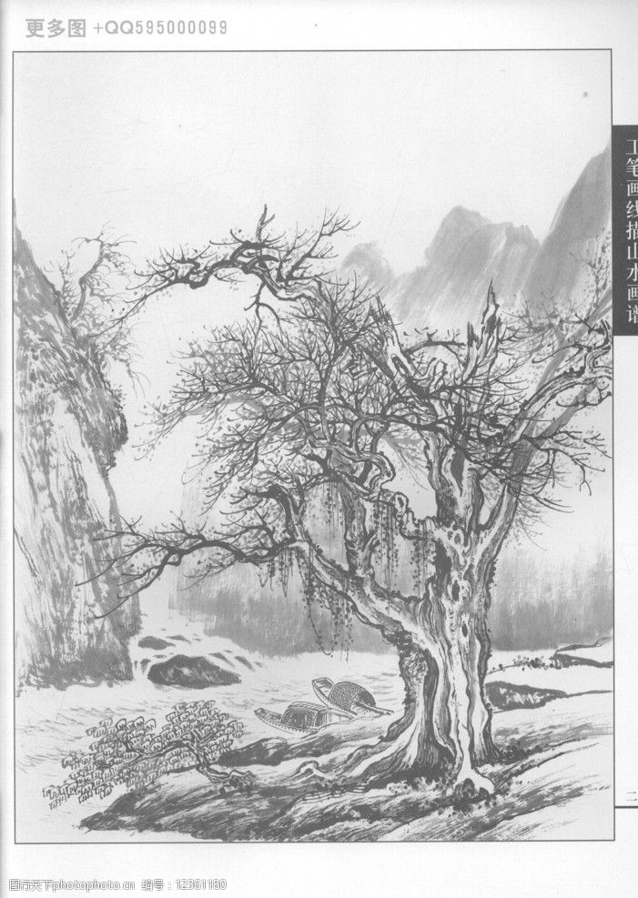 工笔画线描山水画谱树石16图片