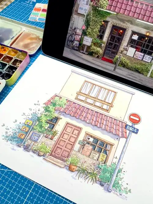 钢笔淡彩小房子建筑水彩上色线稿过程图