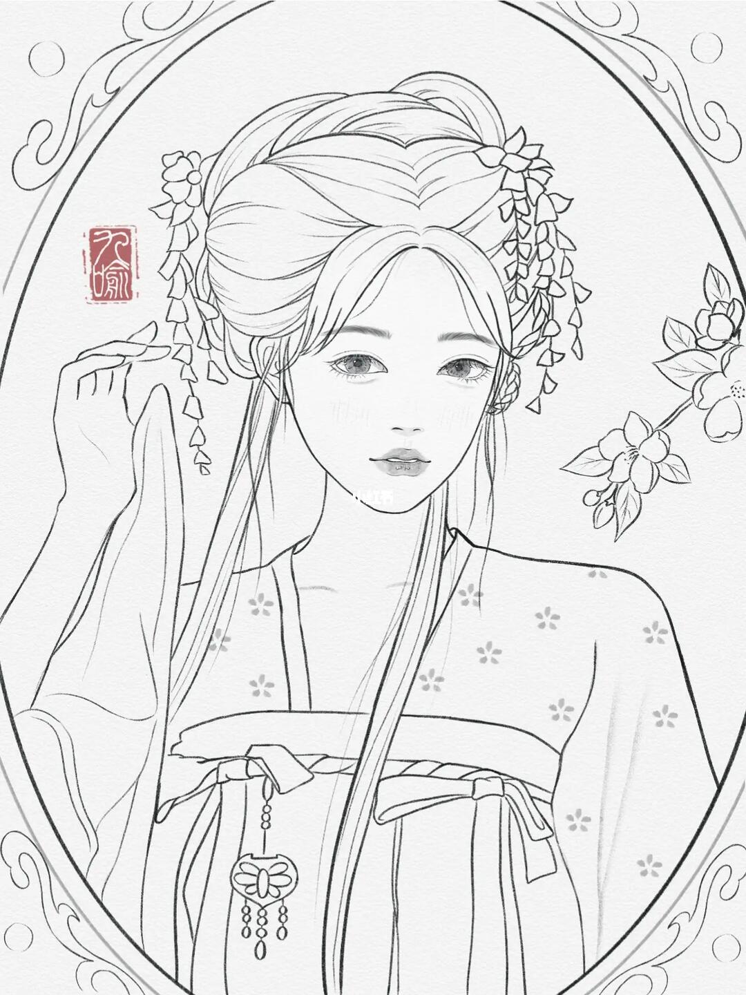 佳儿团练古风少女线稿