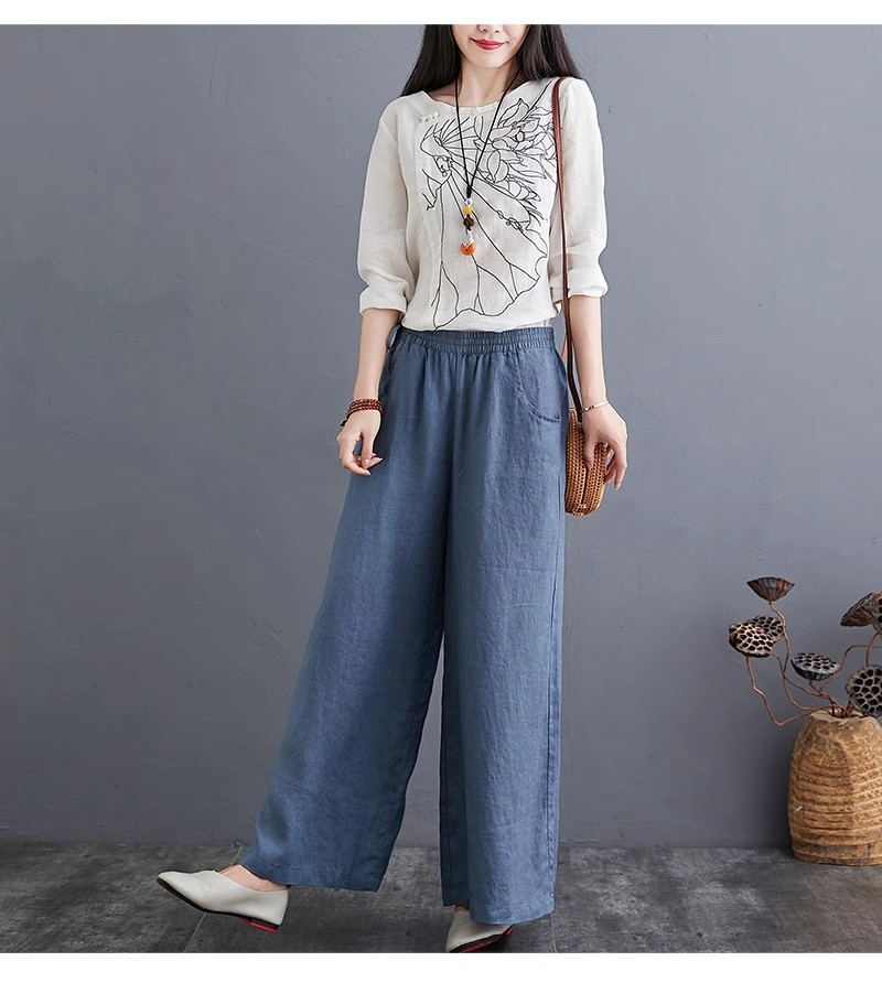 【7天出货】垂感阔腿裤女新款高腰棉麻长裤休闲宽松百搭亚麻料裤 - 17