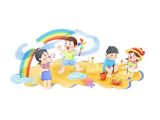 卡通人物夏天儿童玩沙子卡通夏天海边沙滩插画夏天蓝天沙滩玩耍海浪