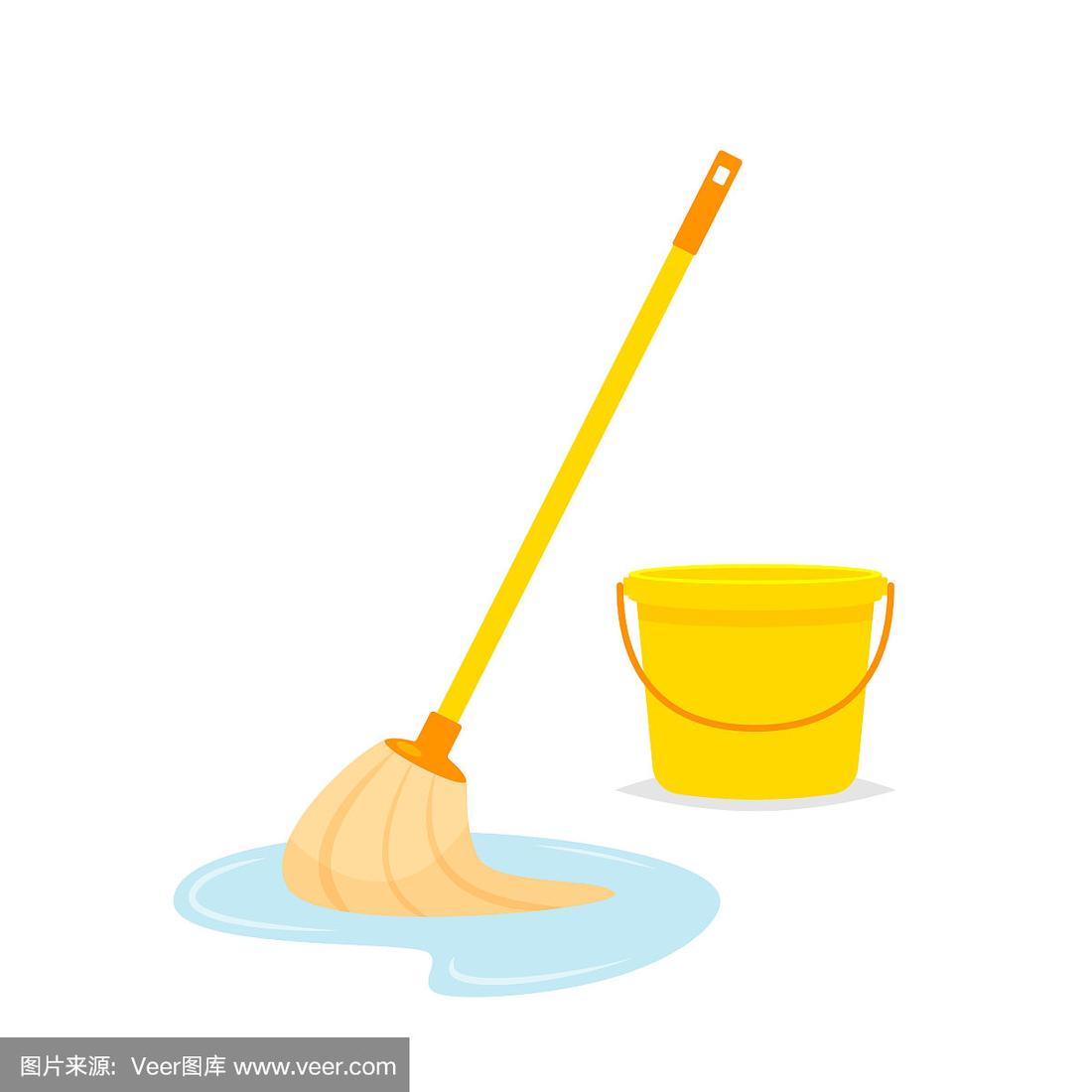 拖把和桶向量孤立的插图