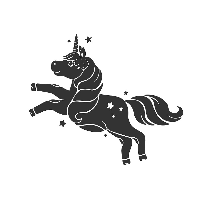 黑色独角兽剪影孤立在白色的背景设计元素