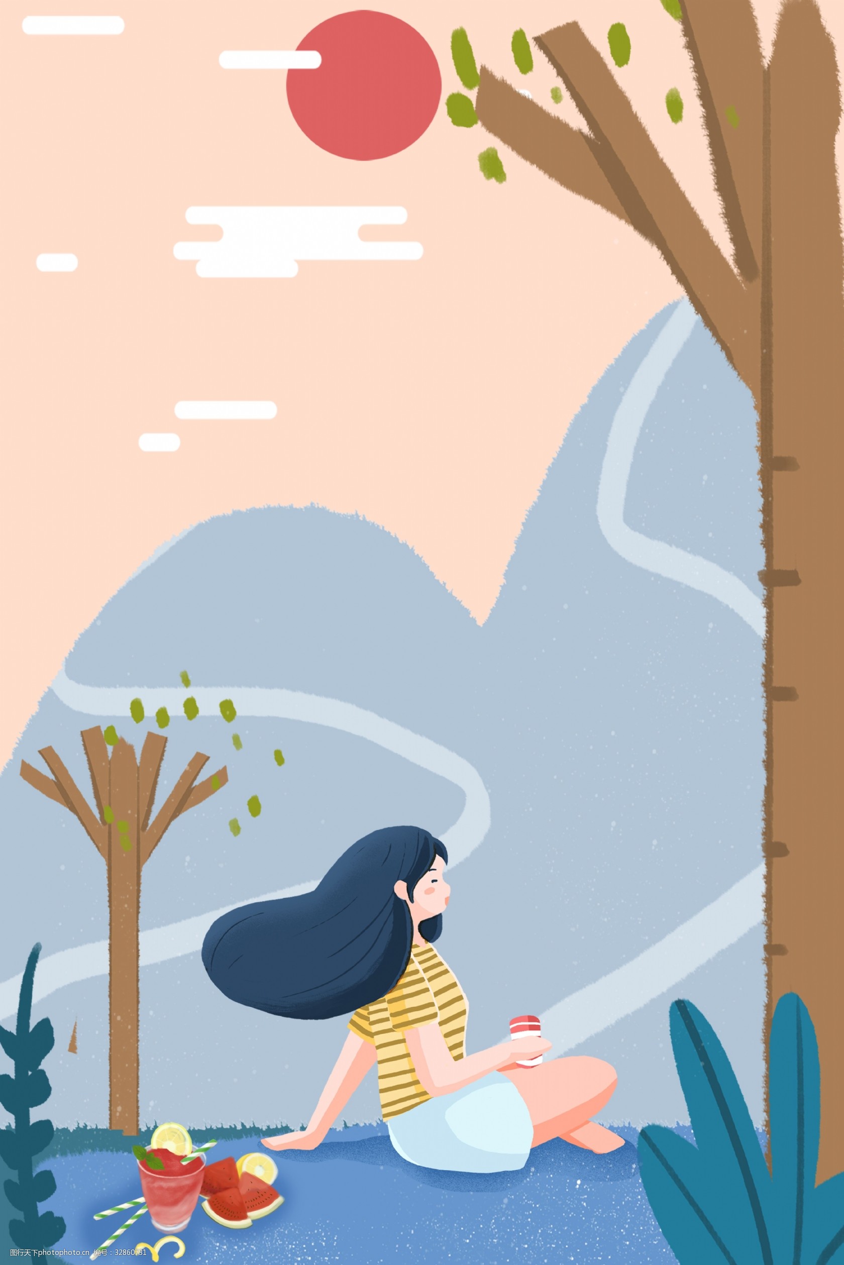 夏游记悠闲旅行手绘插画唯美夏天海报