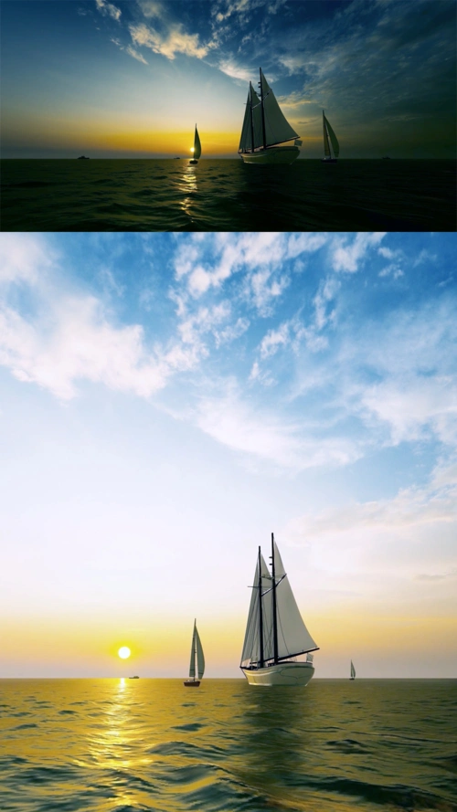 4k日出帆船扬帆起航