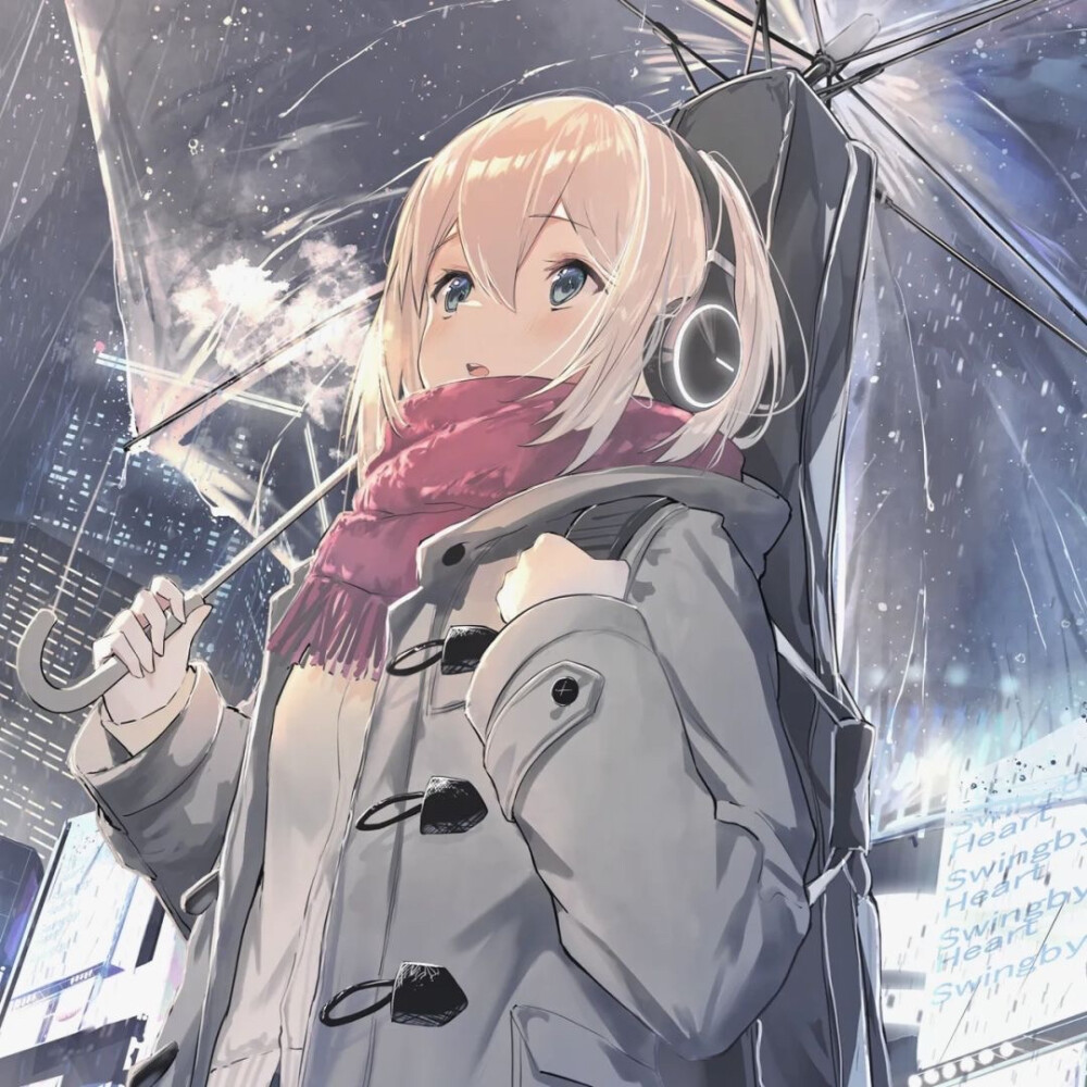 动漫女头可爱女生头像雨天撑伞冬季围巾