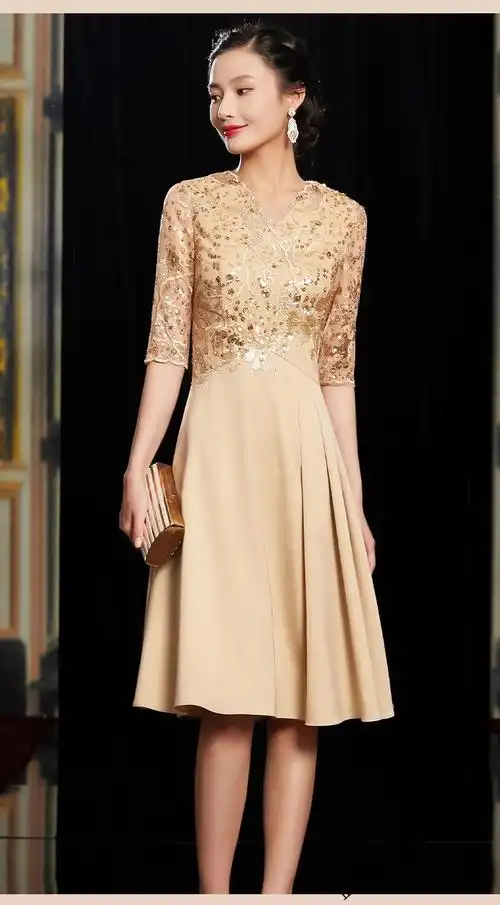 富贵鸟品牌清仓高档轻奢香槟色嫁女儿新娘妈妈婚宴礼服连衣裙高贵洋气
