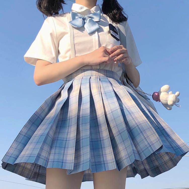 春日部百褶少女正统制服jk色格蓝色原创现货学生校服