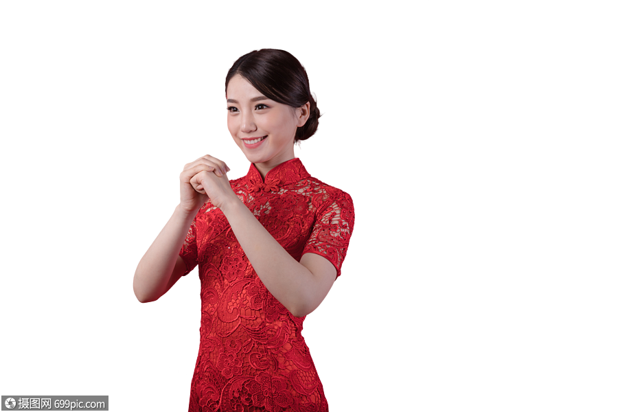 新春穿旗袍的美女在祝贺