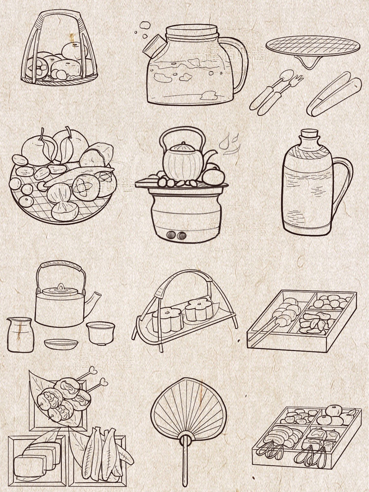 插画|简笔画|手帐素材|围炉煮茶 像是回到了小时候围着火炉的感觉97