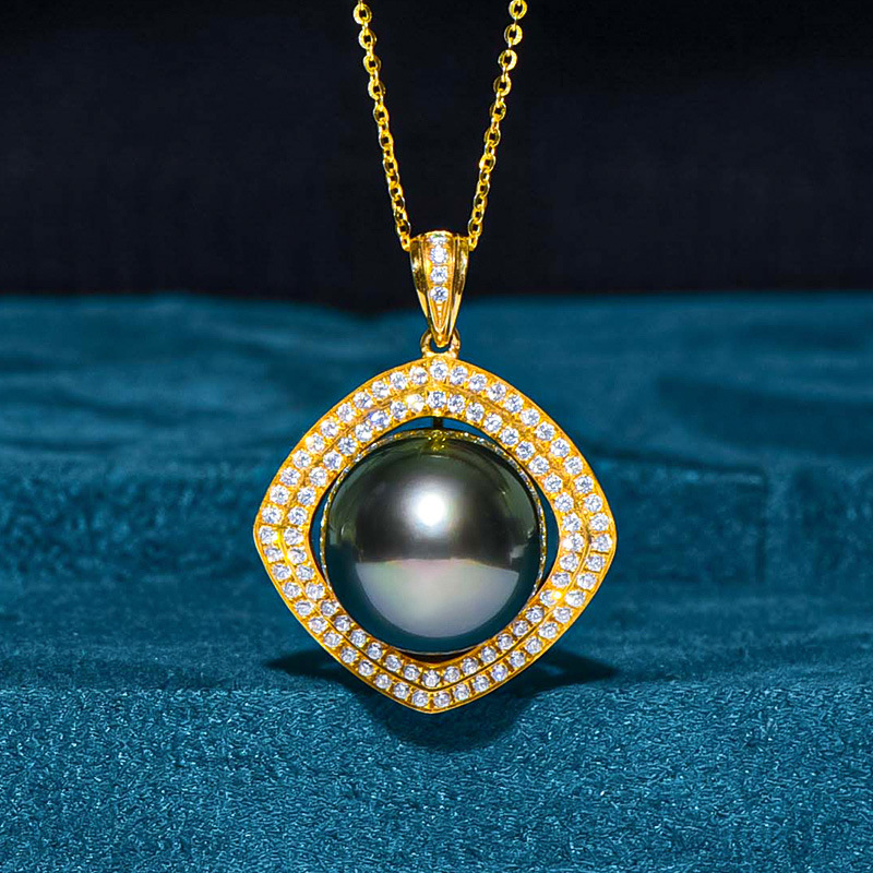 凤仪阁18k金大溪地黑珍珠吊坠13-14mm海水珍珠单颗项链一件批发