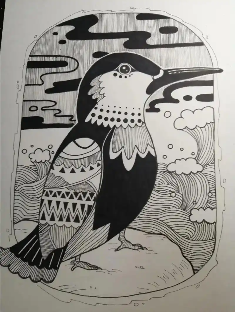 啄木鸟线描画小鸟儿童画小鸟步骤图