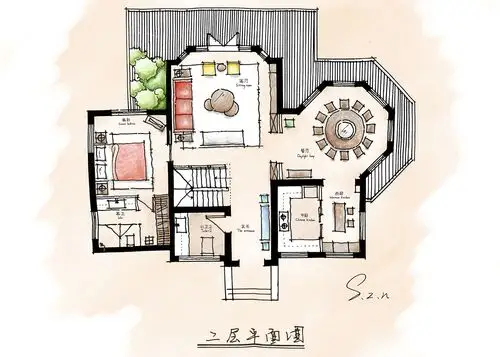 手绘彩平,千岛湖湖畔别墅|空间|家装设计|沈泽楠 - 原创作品 - 站酷