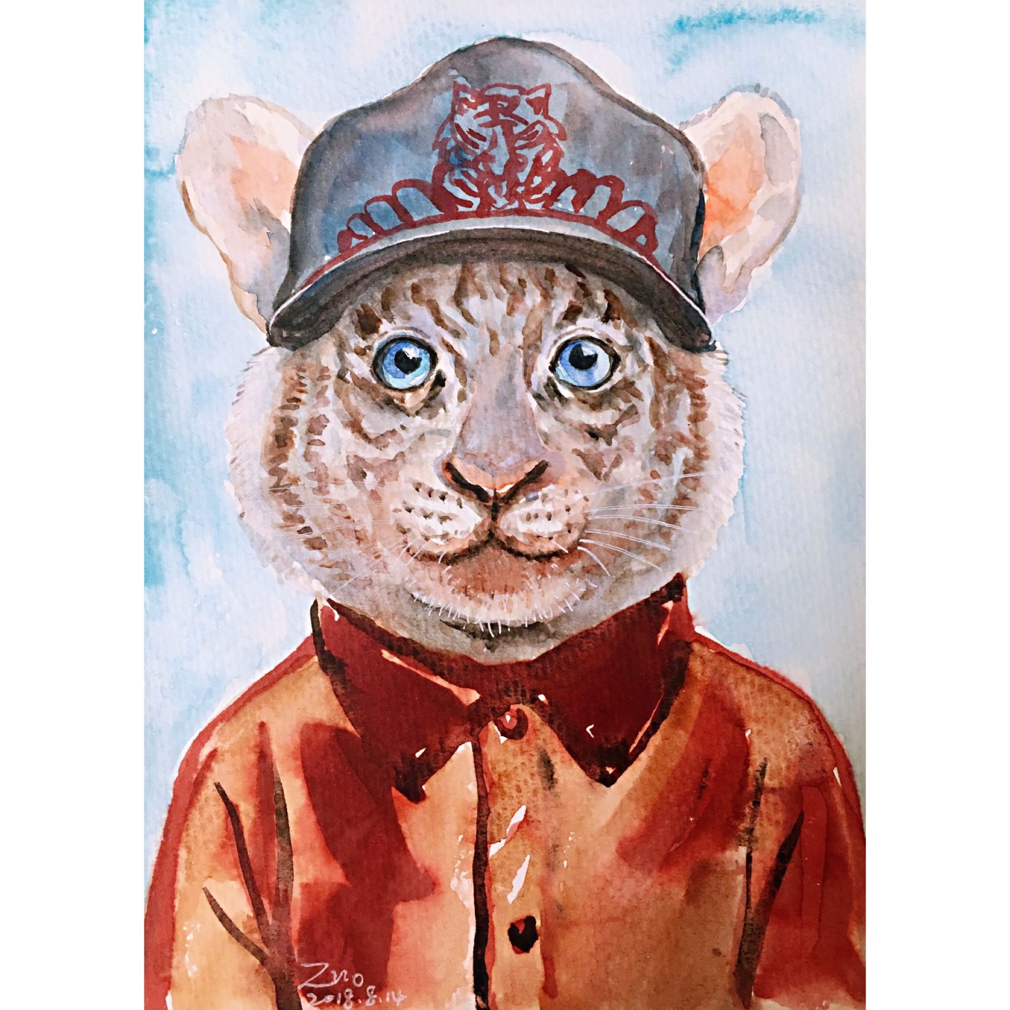 手绘拟人动物半身像水獭棕熊鳄鱼和虎