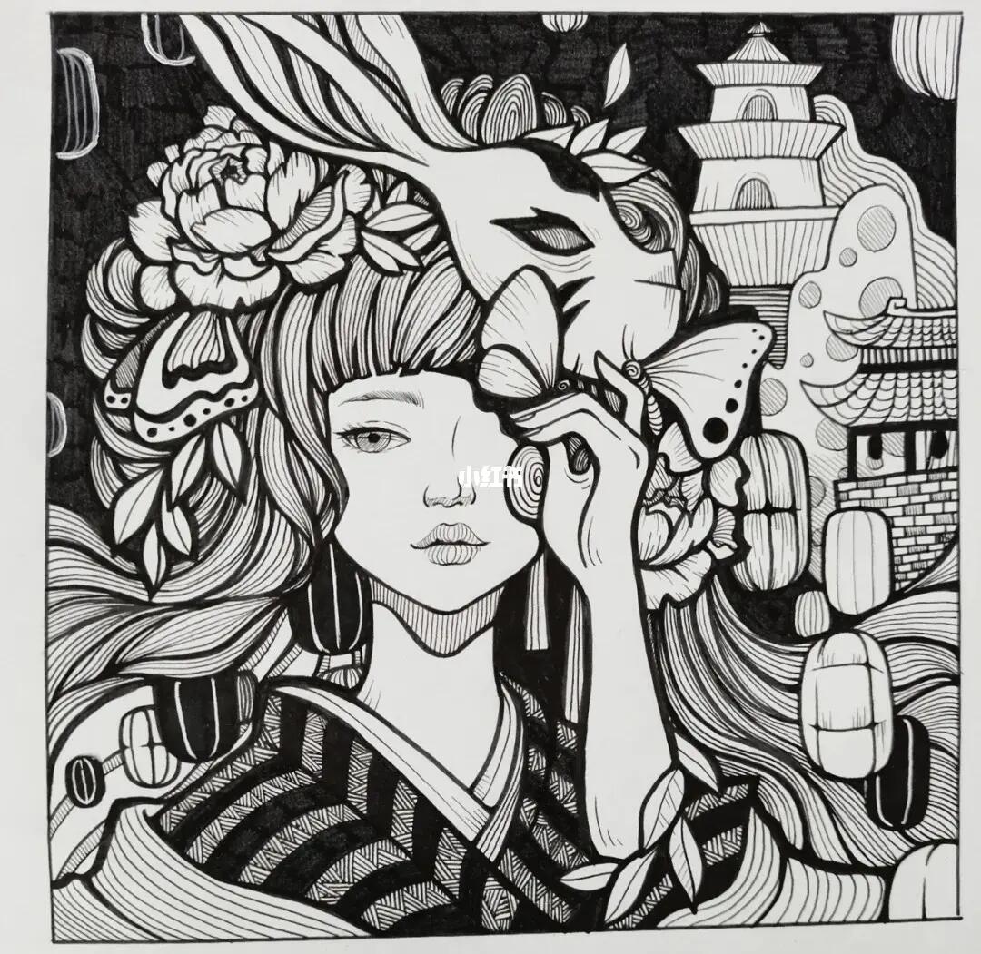 手绘设计黑白装饰画12100