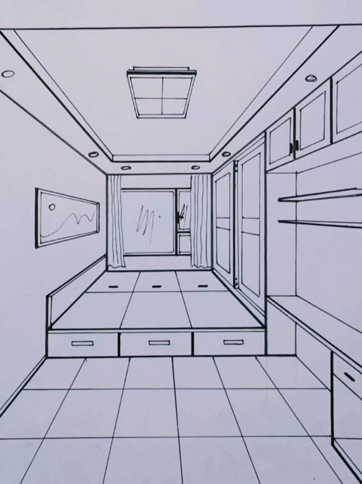 一点透视手绘儿童房榻榻米怎么画