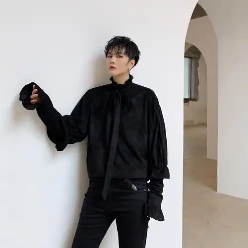 复古宫廷衬衫男气质韩版设计感长袖宽松上衣发型师泡泡袖领结衬衫