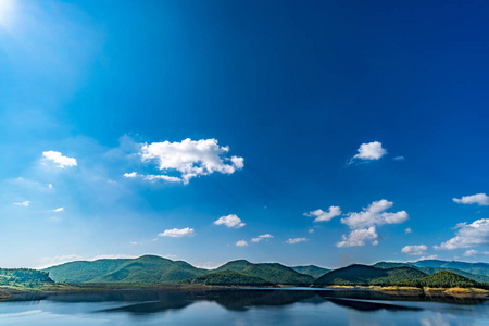 湖山和蓝色天空背景照片