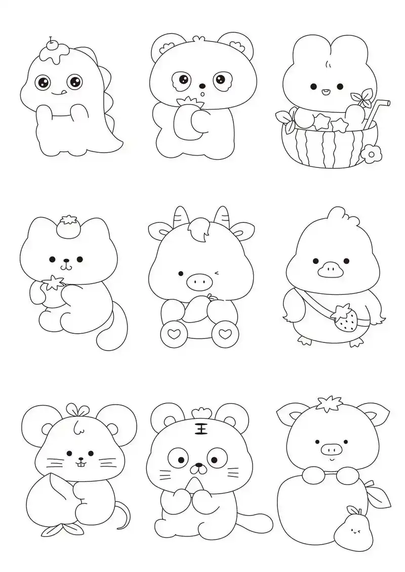 简笔画水果动物.樱桃恐龙/菠萝熊猫/西瓜小兔猫