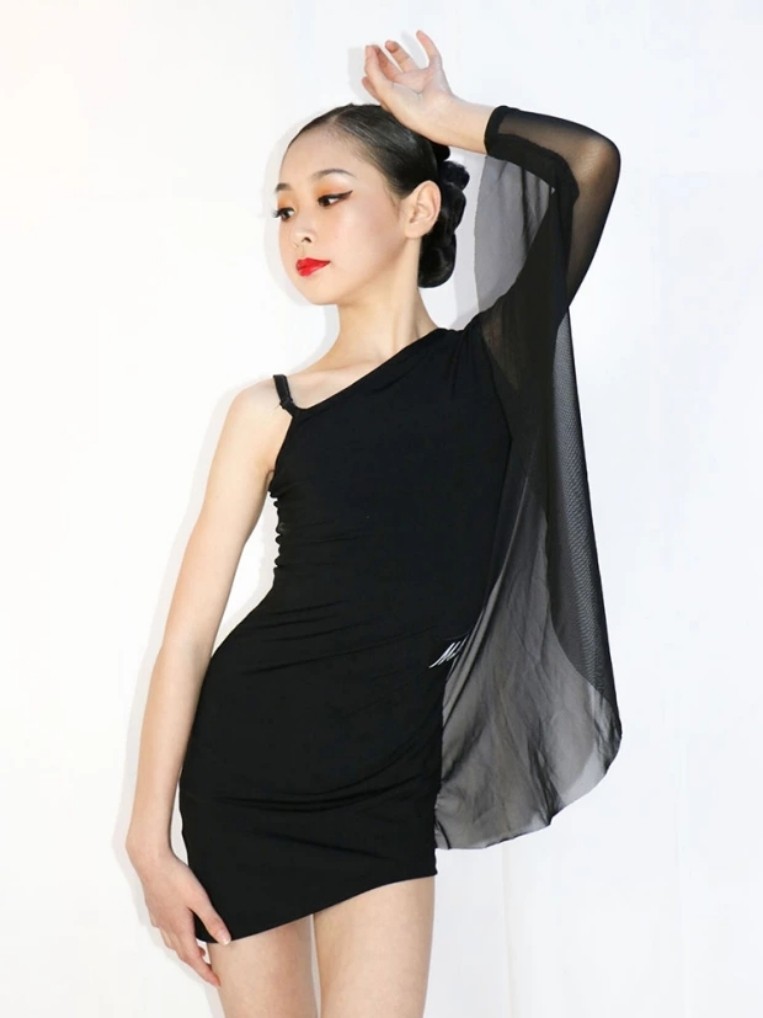 网红女童拉丁舞练功夏季少儿斜肩性感上衣表演拉丁舞演出服