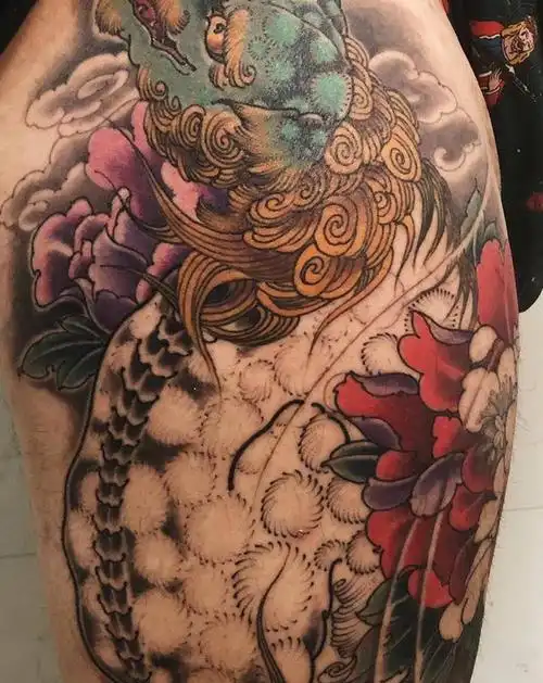 唐狮纹身图片_腿部新传统唐狮纹身图案