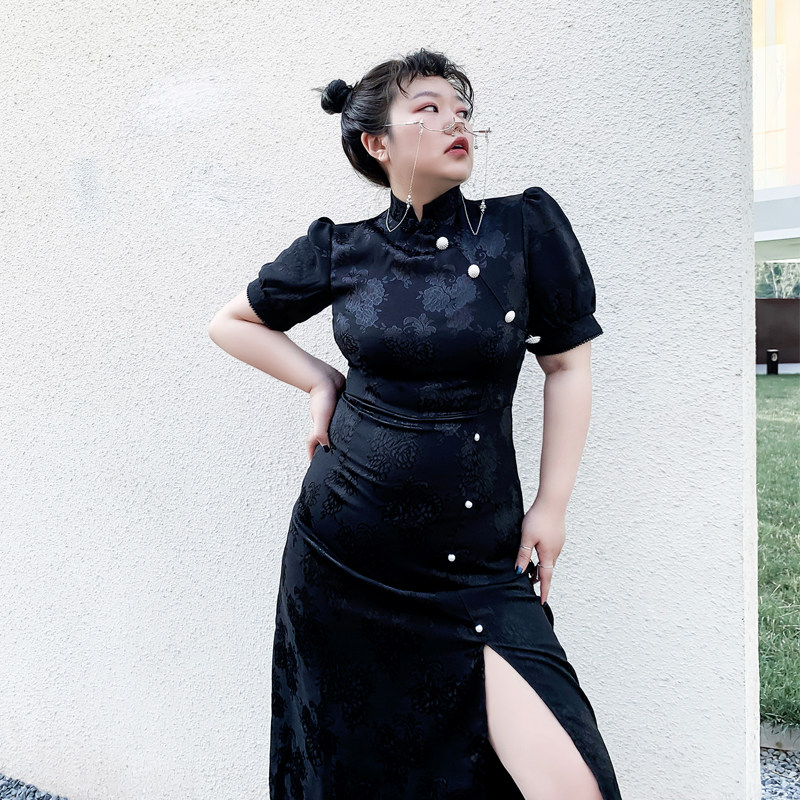 旗袍国潮复古司腾炸街改良大码长款裙胖mm连衣裙