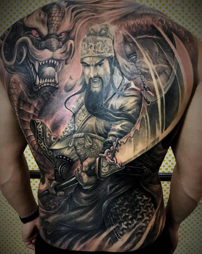 关公云长纹身图片_背部新传统关公纹身图案