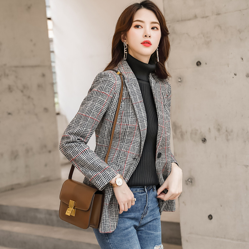 格子小西西装外套女春春季厚款收腰休闲呢子西装