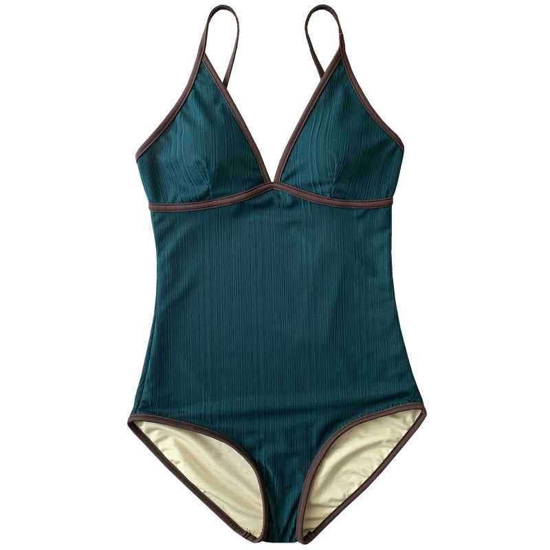 女露背新款复古简约v领吊带显瘦比基尼连体泳衣女