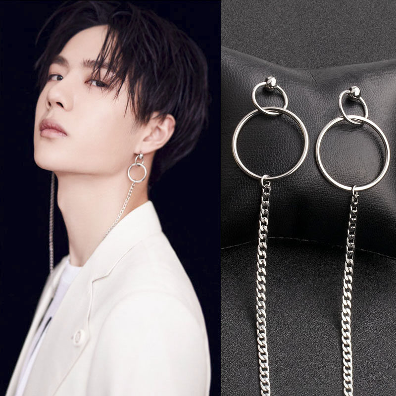 男士耳链_王一博同款耳环项链潮男个性双耳洞连体耳钉挂链百搭时尚