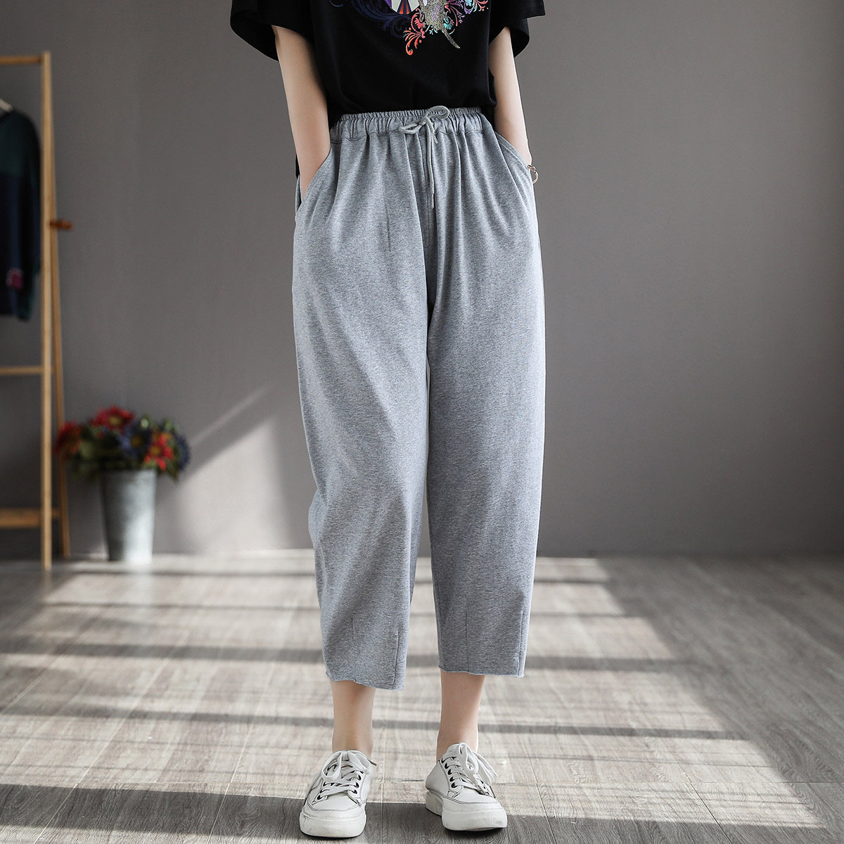 代勒原创夏季薄款全棉纯色七分休闲裤女复古文艺宽松显瘦哈伦裤子