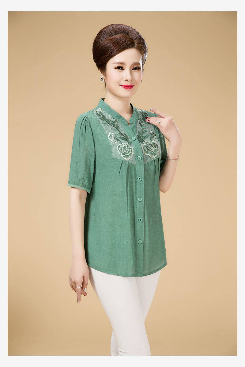 中老年女装 短袖 棉麻衬衣短_2019夏装新款女中老年短袖亚麻衬衫妈妈