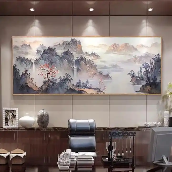 源远流长手绘风景油画新中式客厅装饰画沙发背景墙壁画山水挂画