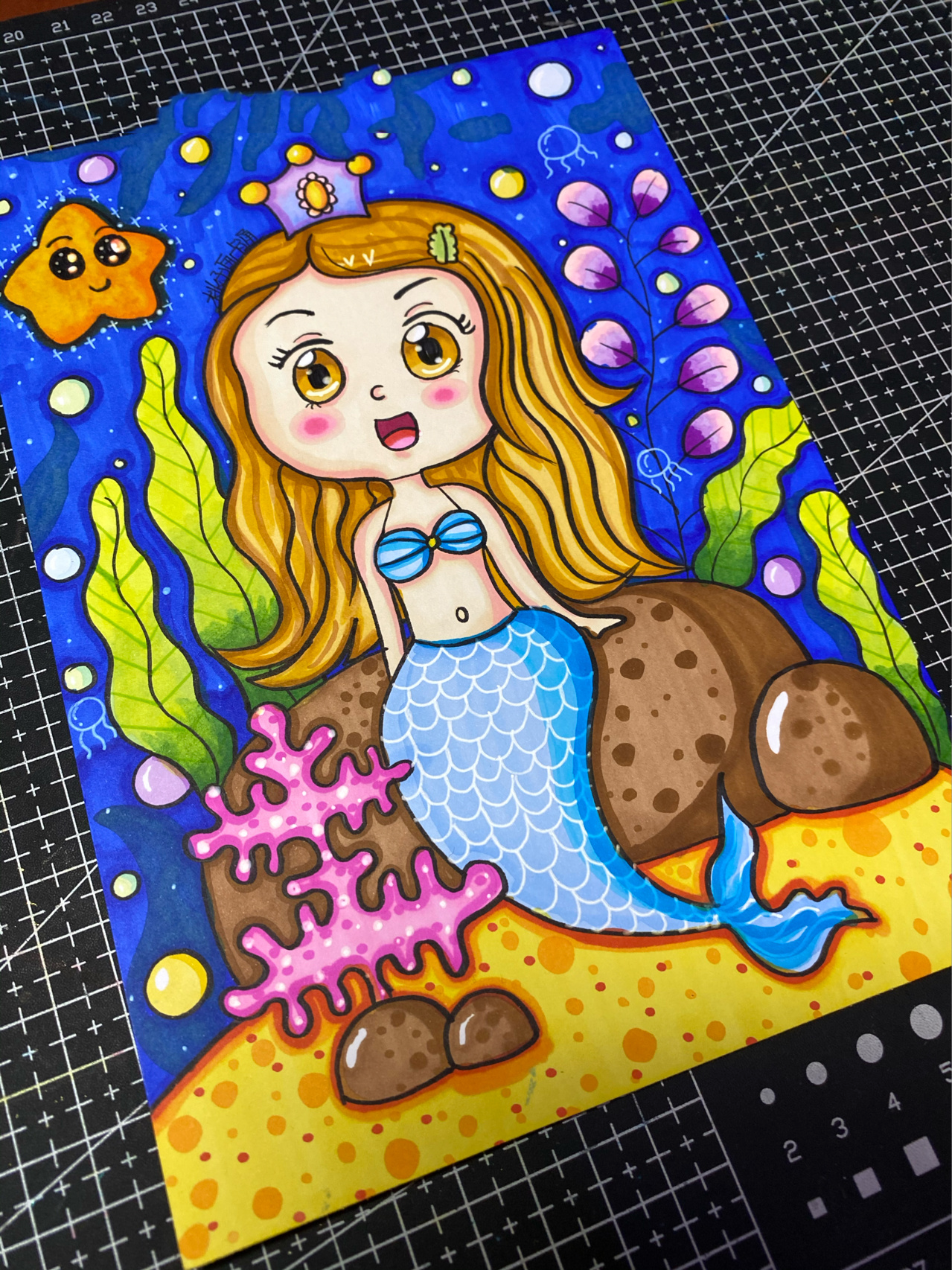 儿童画|《美人鱼》|马克笔过程 临摹美人鱼  纸:a5荷兰白卡 勾线笔