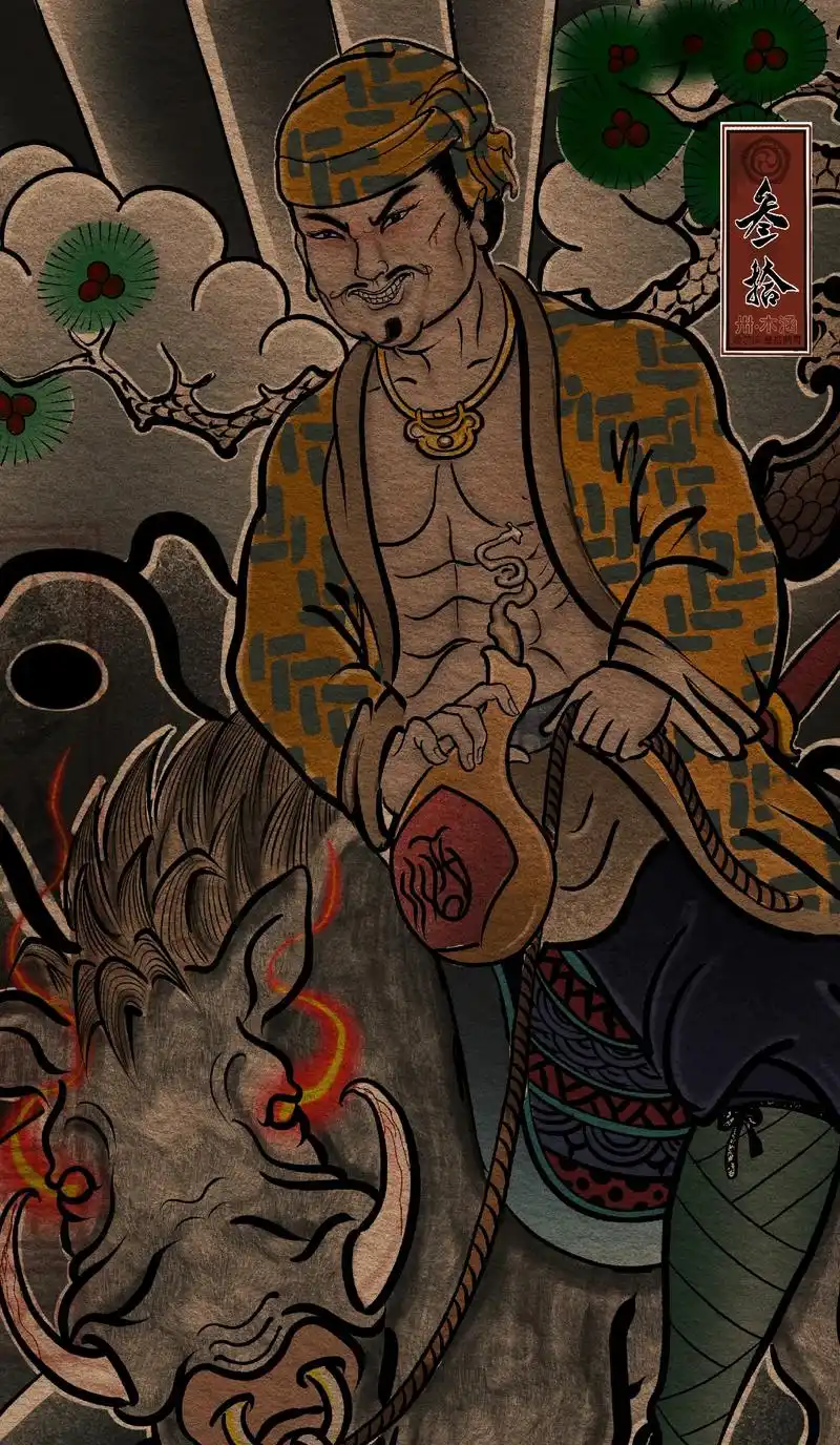 骑野猪的笑面虎,朱富#日式满背纹身手稿 #纹身 #老传统水浒人物手稿